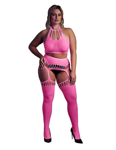Glow in the Dark Two Piece with Crop Top and Stockings Pink XL/XXXXL