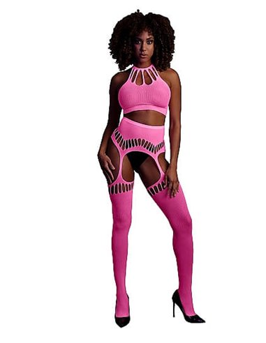 Glow in the Dark Two Piece with Crop Top and Stockings Pink Xs/XL