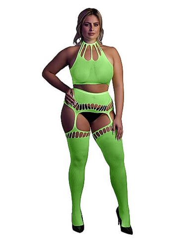 Glow in the Dark Two Piece with Crop Top and Stockings Green XL/XXXXL