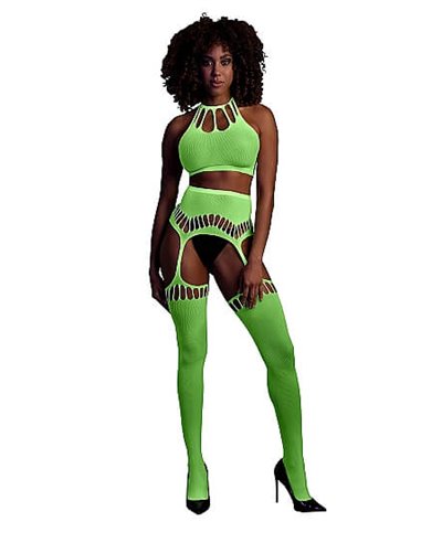 Glow in the Dark Two Piece with Crop Top and Stockings Green Xs/XL