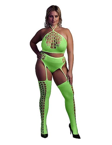 Glow in the Dark Two Piece Crop Top and Stockings Neon Green XL/XXXXL