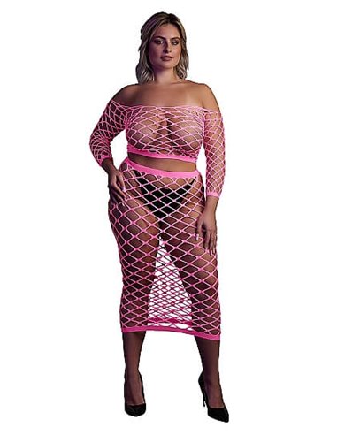 Glow in the Dark Long Sleeve Crop Top and Long Skirt Pink XL/XXXXL