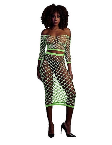 Glow in the Dark Long Sleeve Crop Top and Long Skirt Green Xs/XL