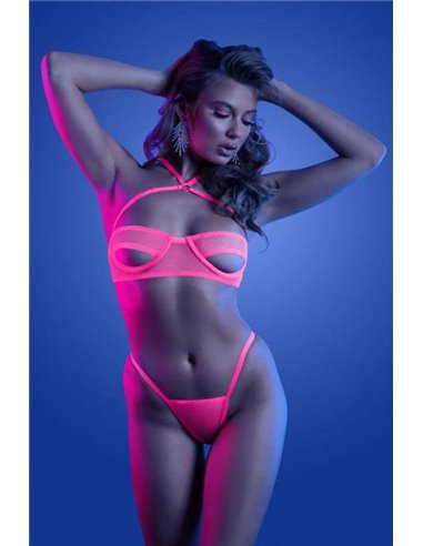 Glow Slow Motion Peek A Boo Bra and Panty Neon Pink Queen Size 46/52