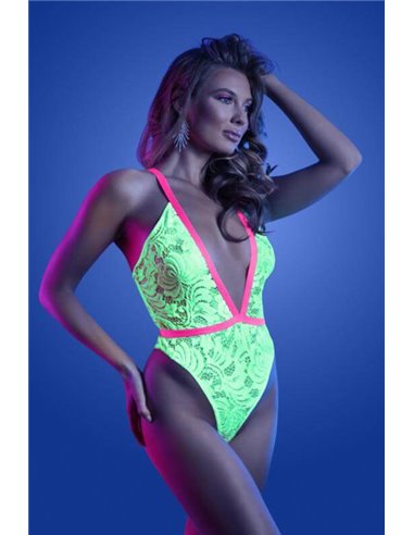 Glow Contrast Elastic Bodysuit with Lace Neon Green S/M