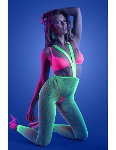 Glow 3 Piece Bralette, G-string and Suspender Stockings Neon Green Queen Size 46/52