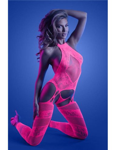 Glow Captivating Halter Catsuit and G-string Neon Pink Queen Size 46/52