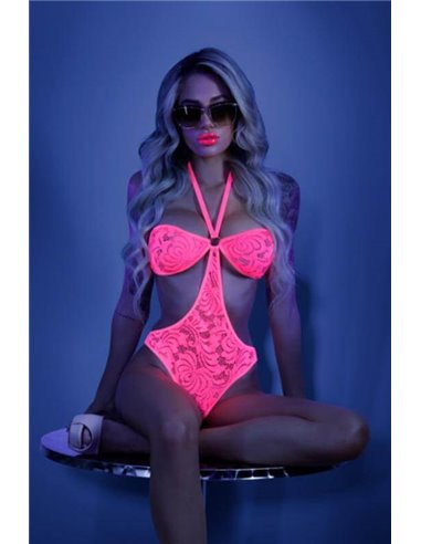 Glow Impress Me Lace Body with Open Back Neon Pink S/M
