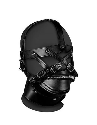 Ouch Head Harness with Zip-up Mouth and Lock Black