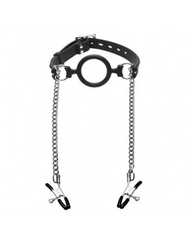 Master Series Mutiny silicone O-ring gag with nipple clamps