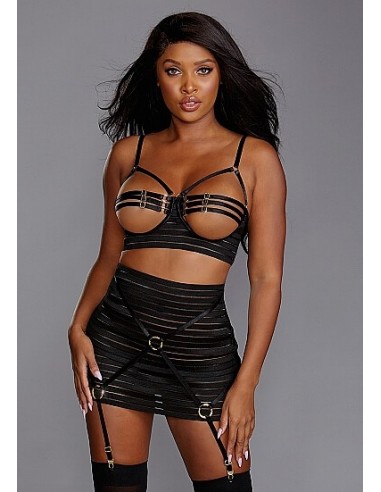 DreamGirl Strappy Open cup bra and garter skirt set L