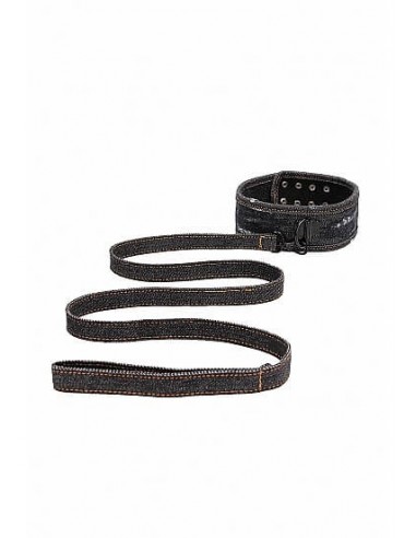 Ouch Denim collar with leash Roughend denim style black