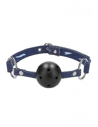 Ouch Breathable ball gag with roughend denim straps blue