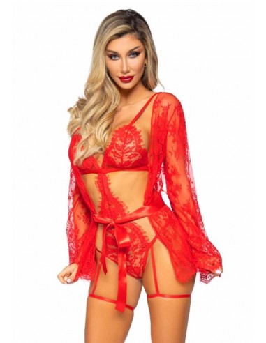 Leg Avenue Teddy, lace rope and ribbon tie Red L