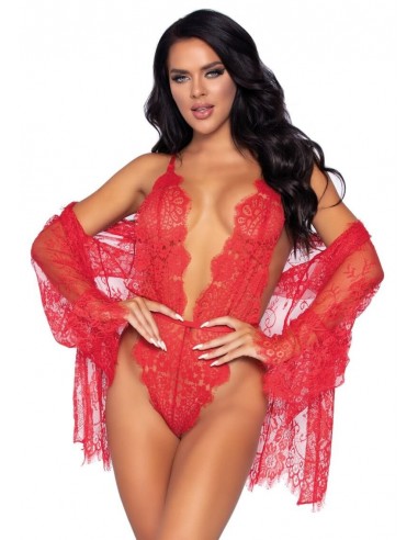 Leg Avenue Floral lace teddy & robe Red M