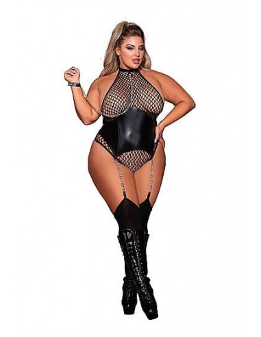 Dreamgirl Fishnet Teddy with chain leash black Queen size