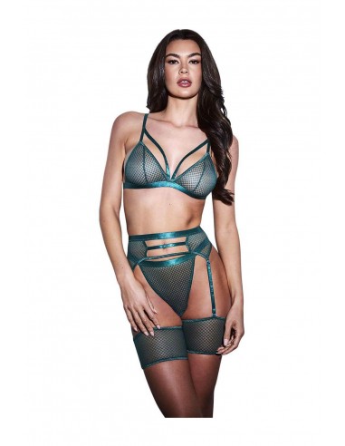 Baci Lingerie 3pc strappy bra, garter and panty set Green S/M