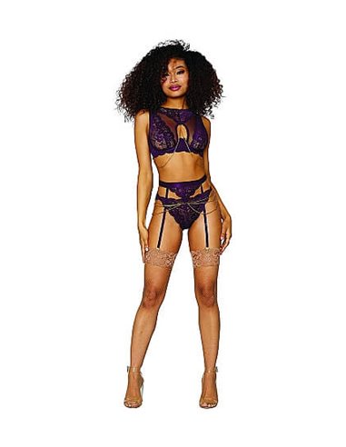 Dreamgirl Women’s Lace and mesh 3 piece set purple L