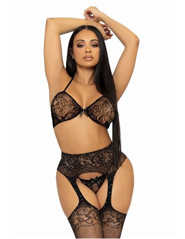 Leg Avenue Bra top, string and stockings black One size