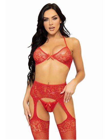 Leg Avenue Bra top, string and stockings red One size