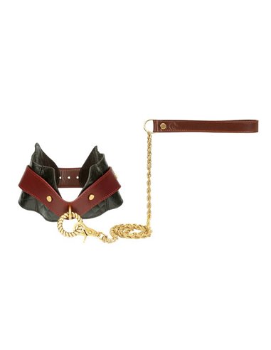 Liebe Seele Leather posture collar with leash , Brown and Gold
